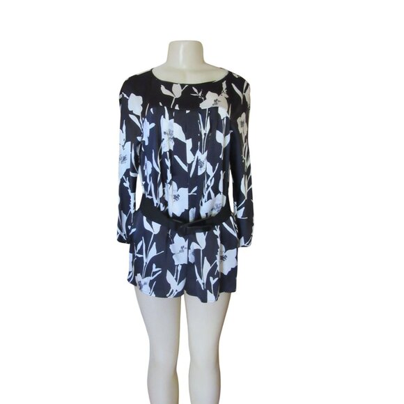 Lafayette 148 New York Silk Black & White Floral Tunic Blouse With Belt Size 8 - Picture 1 of 7
